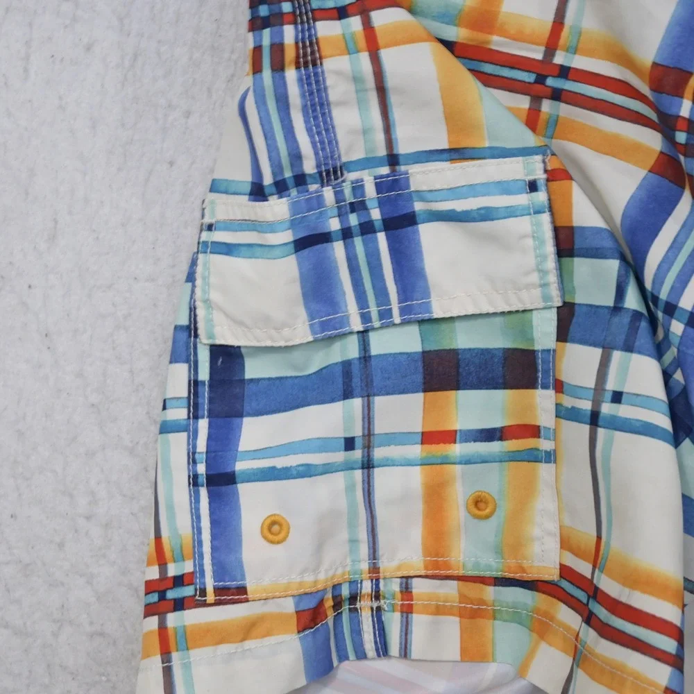 Tommy Bahama Relax Swim Trunks Mens Medium Blue Orange Plaid Cargo Board Shorts